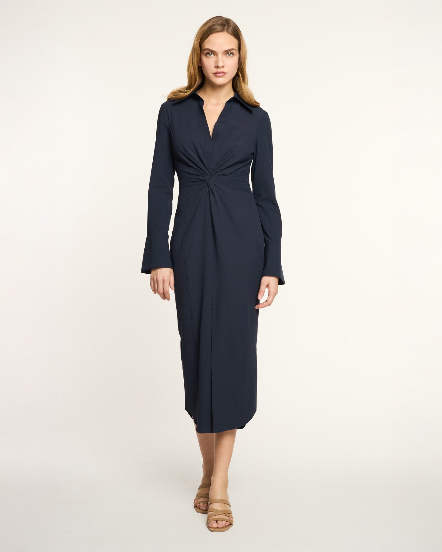 navy midi dress REVERSE WRAP IN WHITE SPOT Fabric has no stretch Velvi - Maeve Corset Midi