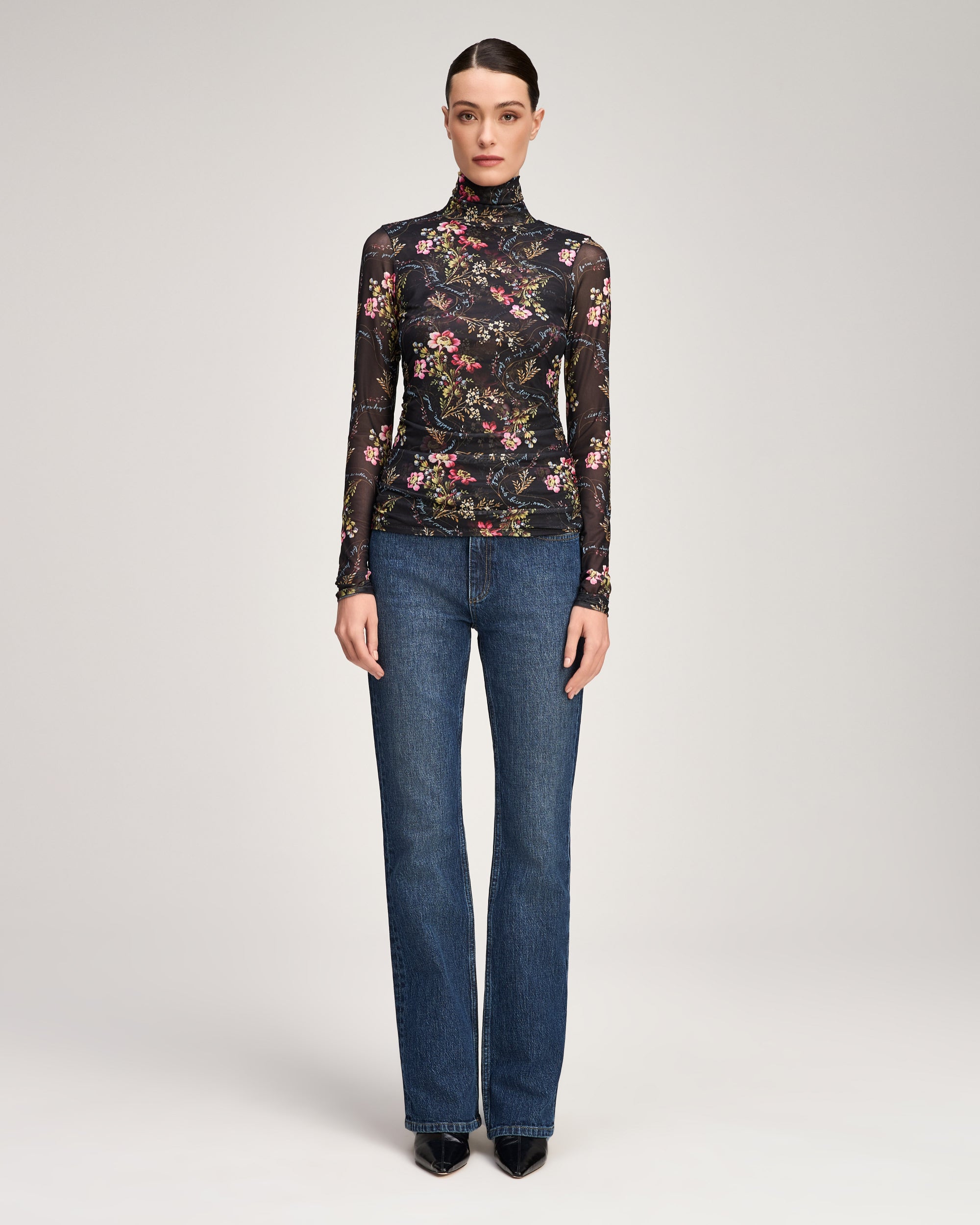 Love Letter Floral Shirred Mesh Turtleneck