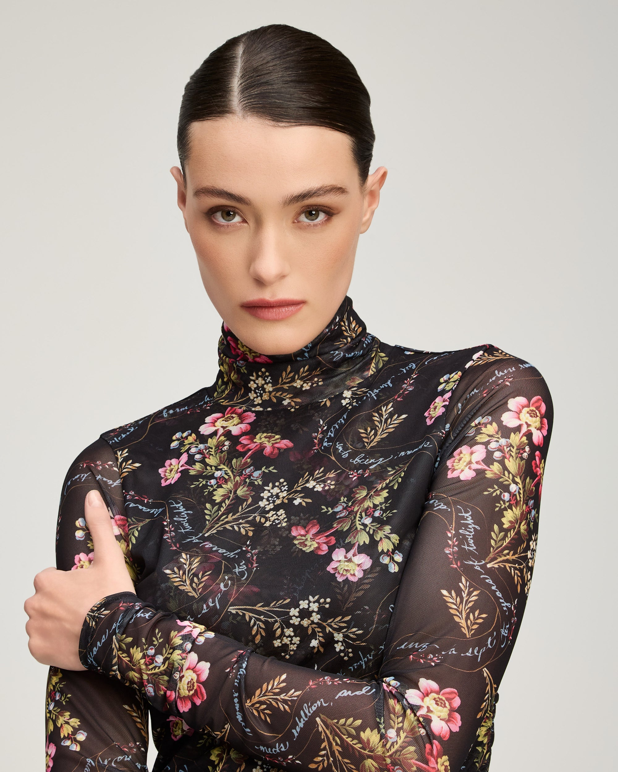 Love Letter Floral Shirred Mesh Turtleneck