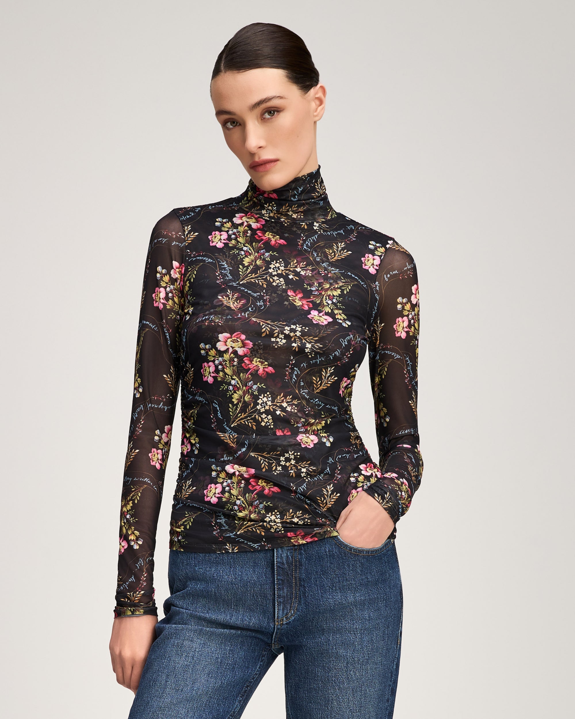 Love Letter Floral Shirred Mesh Turtleneck