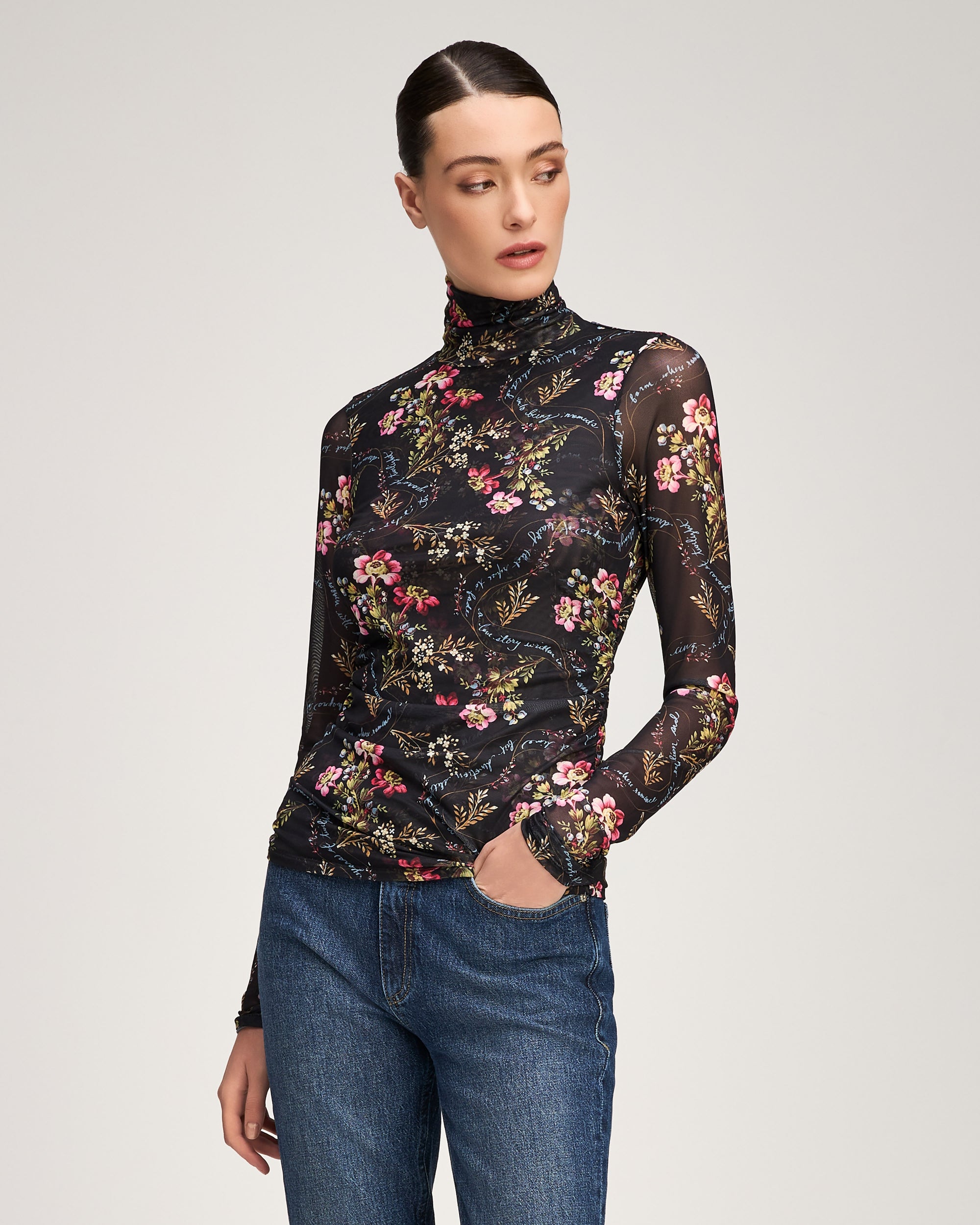 Love Letter Floral Shirred Mesh Turtleneck