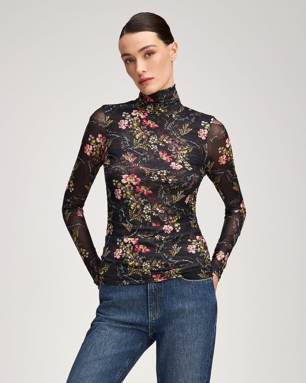 Love Letter Floral Shirred Mesh Turtleneck