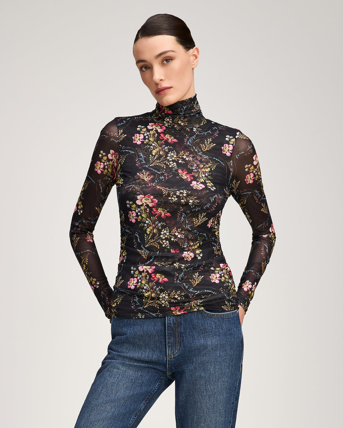 Love Letter Floral Shirred Mesh Turtleneck