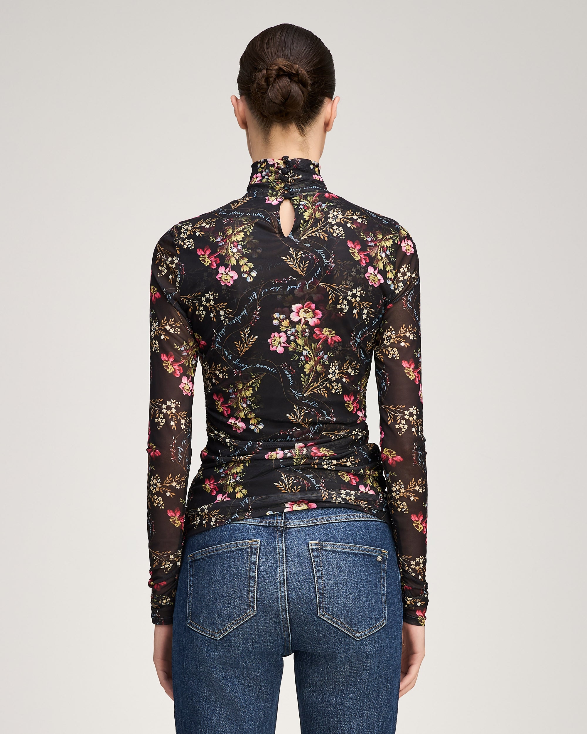 Love Letter Floral Shirred Mesh Turtleneck
