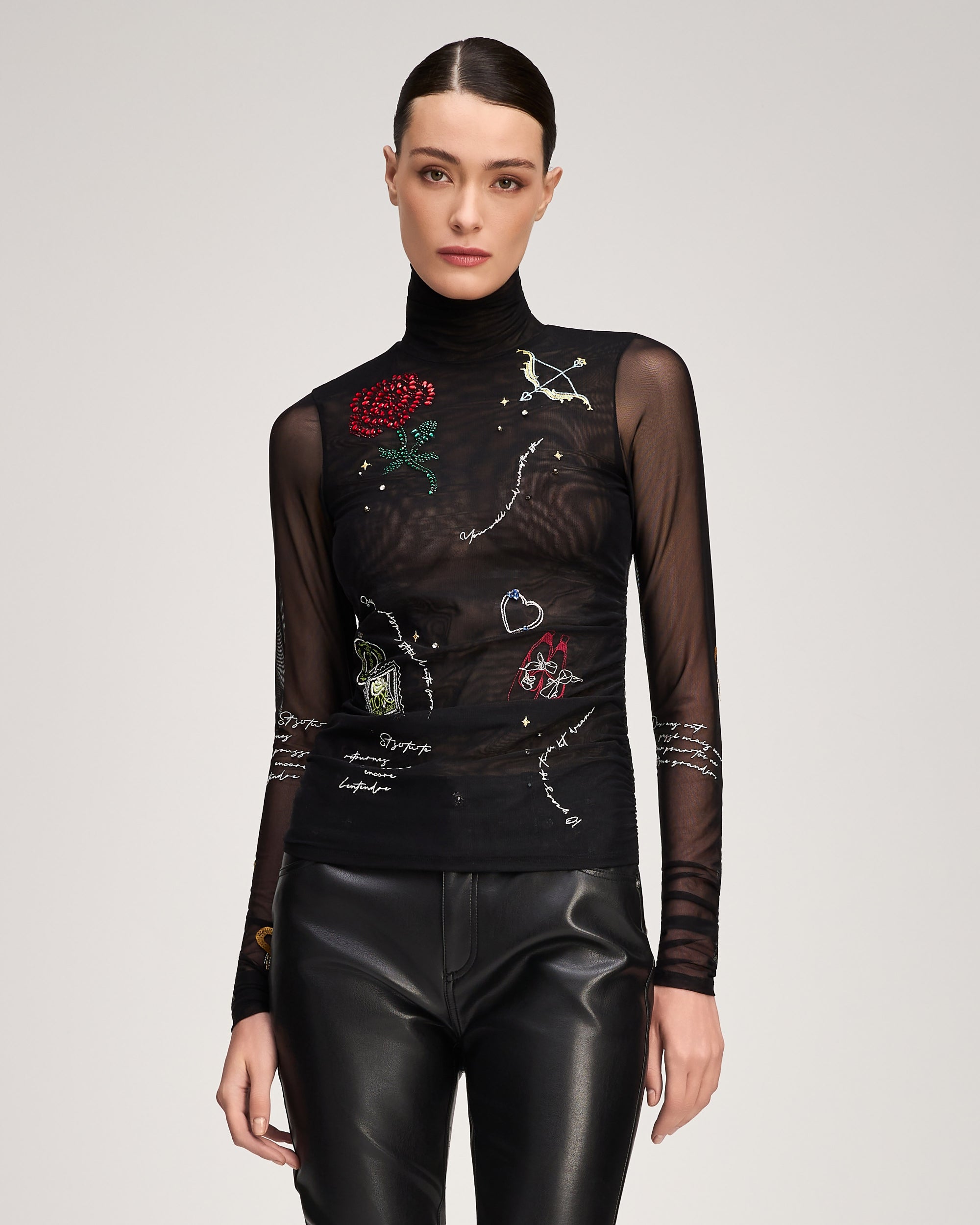Starry Scribbles Shirred Mesh Turtleneck