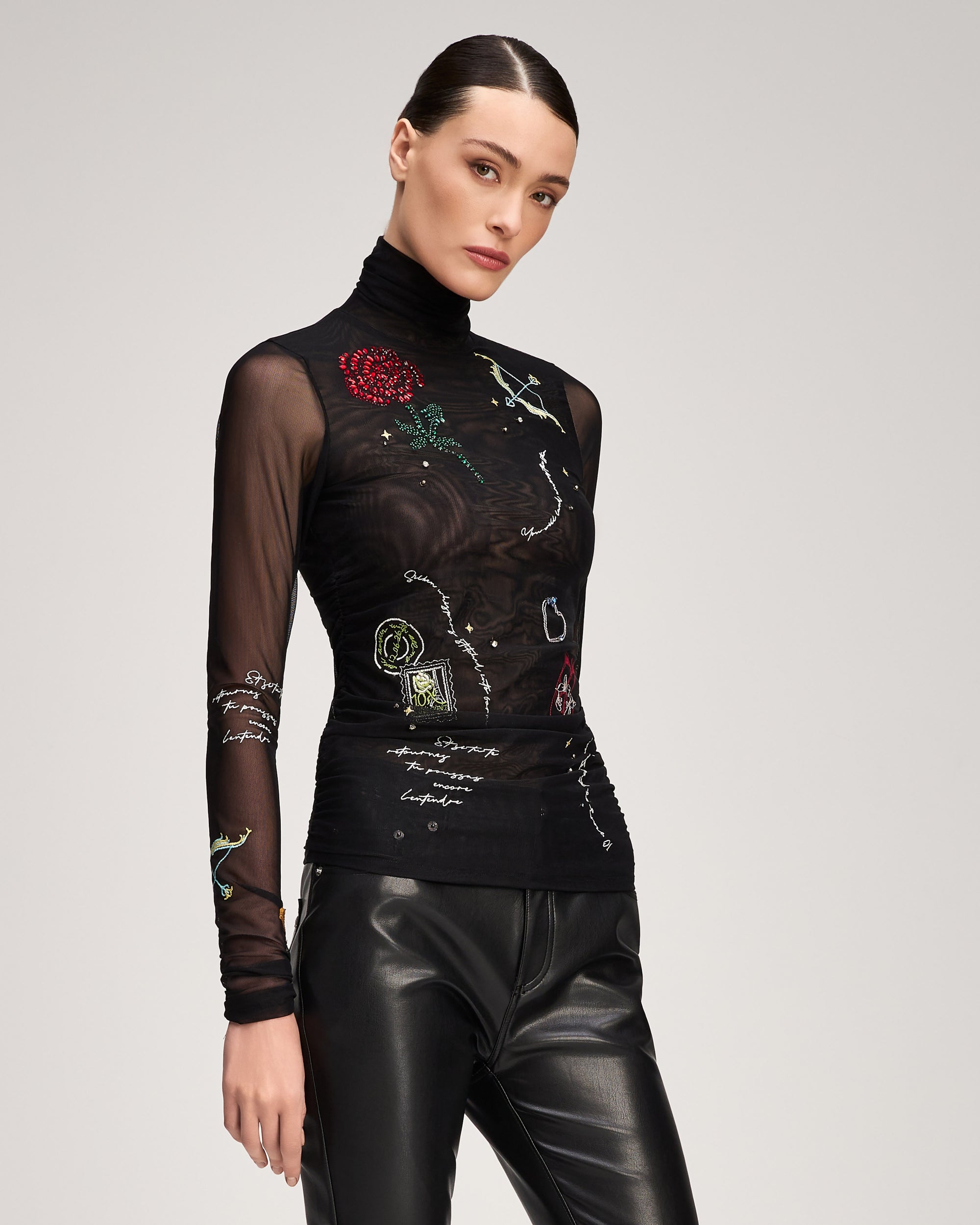 Starry Scribbles Shirred Mesh Turtleneck
