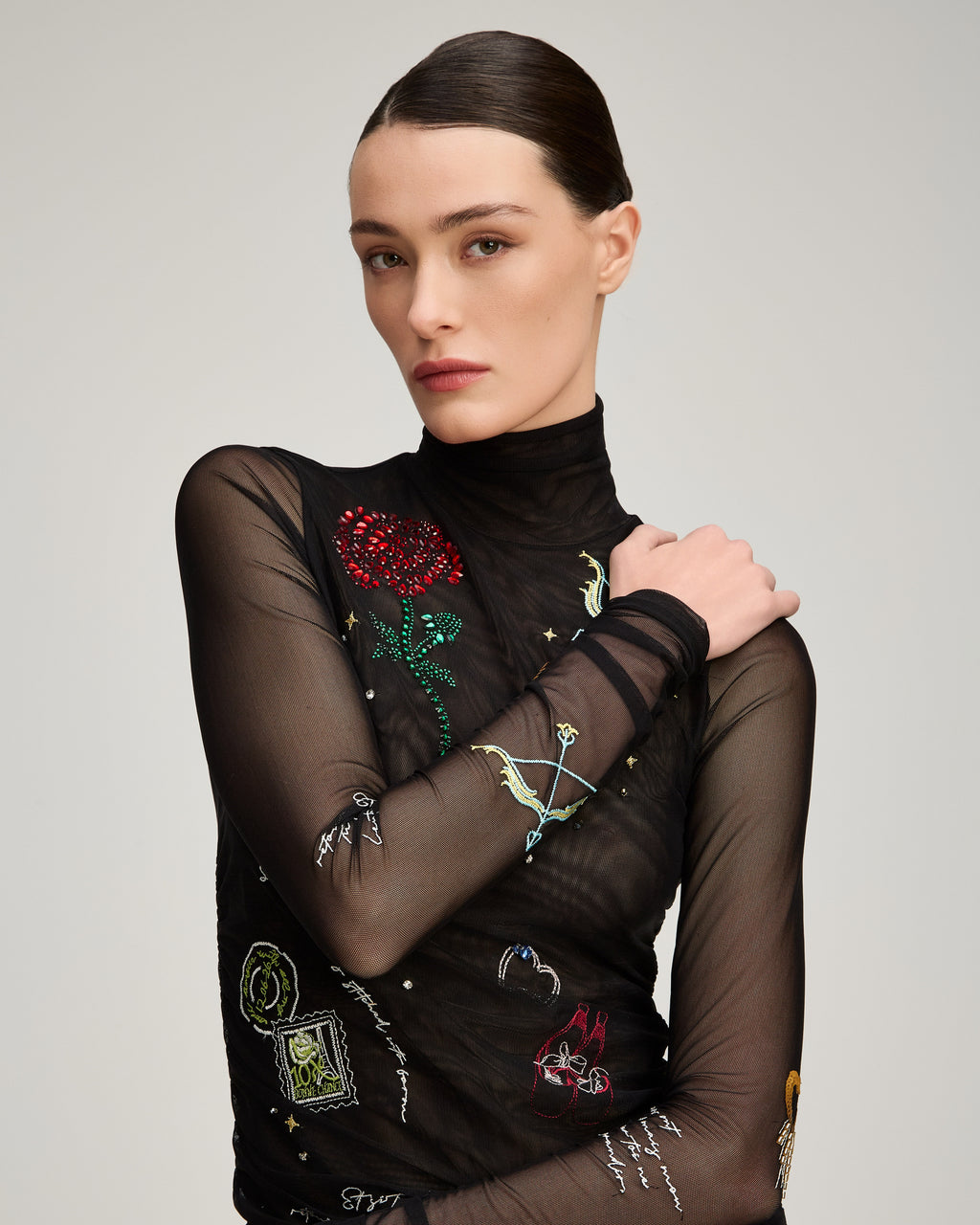 Starry Scribbles Shirred Mesh Turtleneck