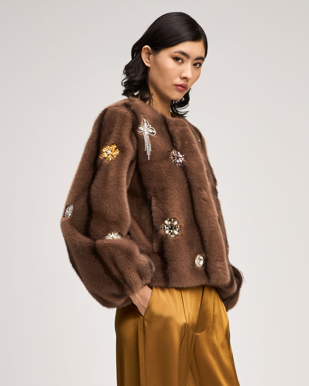 Jewel Clusters Faux Mink Benson Coat
