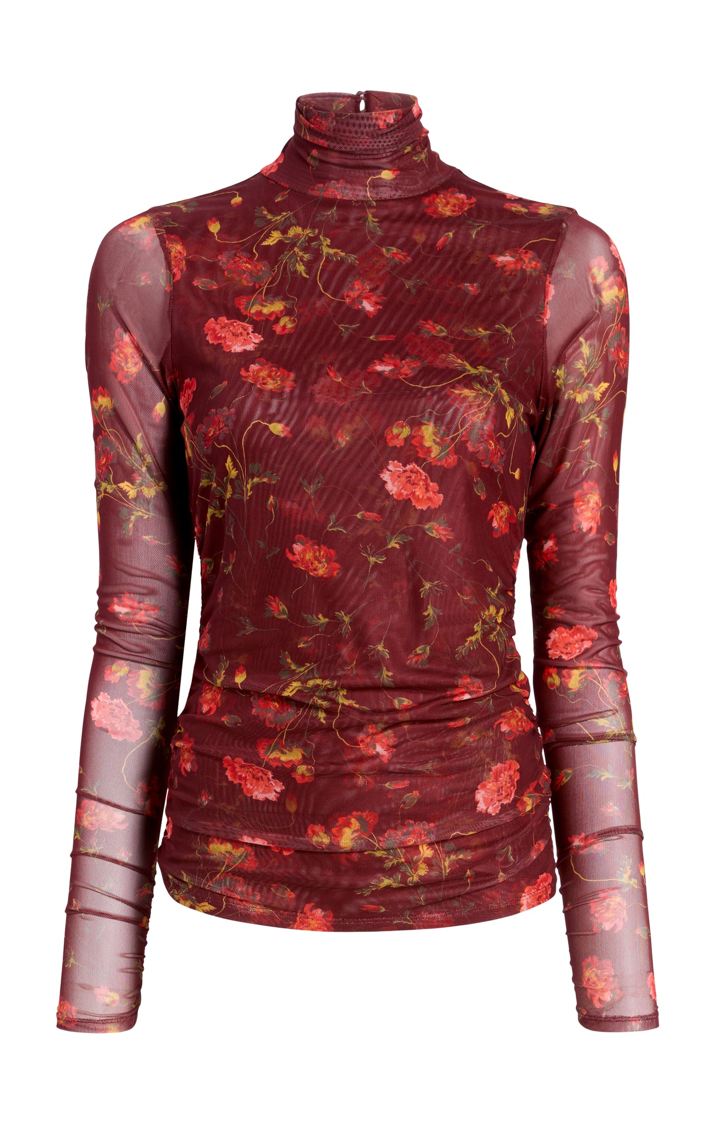 Falling Poppies Shirred Mesh Turtleneck