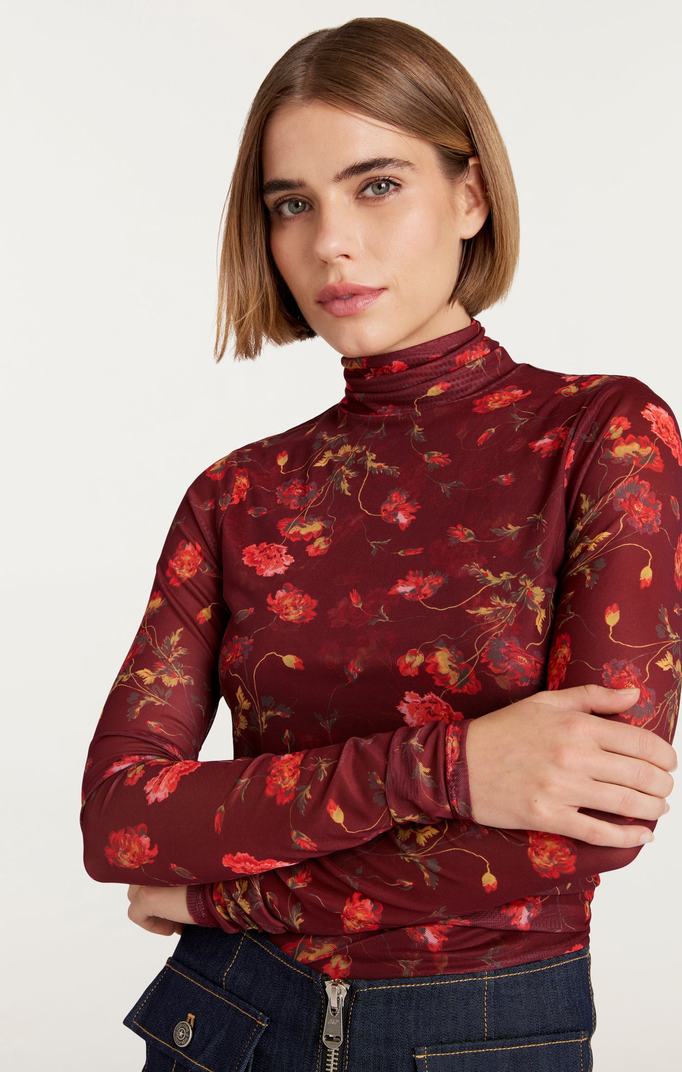 Falling Poppies Shirred Mesh Turtleneck