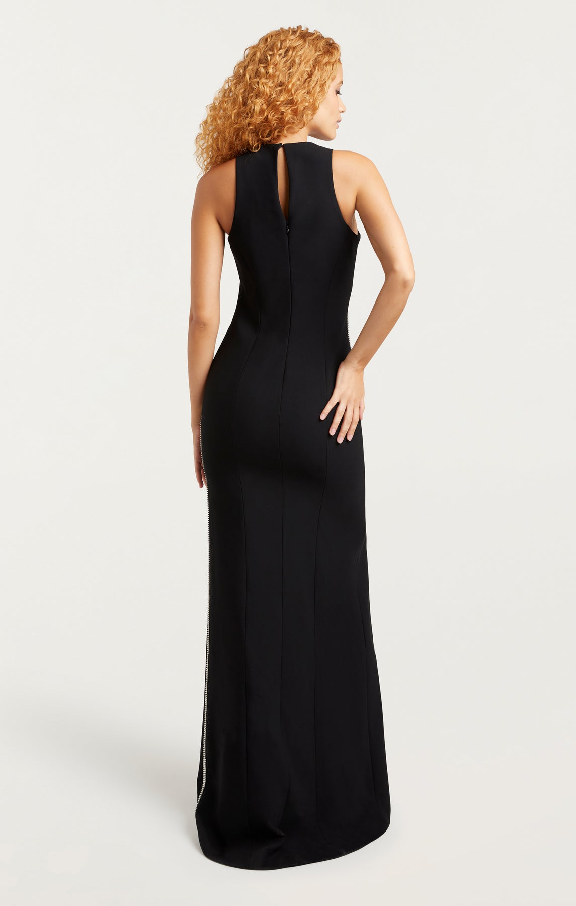 Maxine Black Puff Sleeve Crepe Gown With Swarovski Crystal Seam Detail