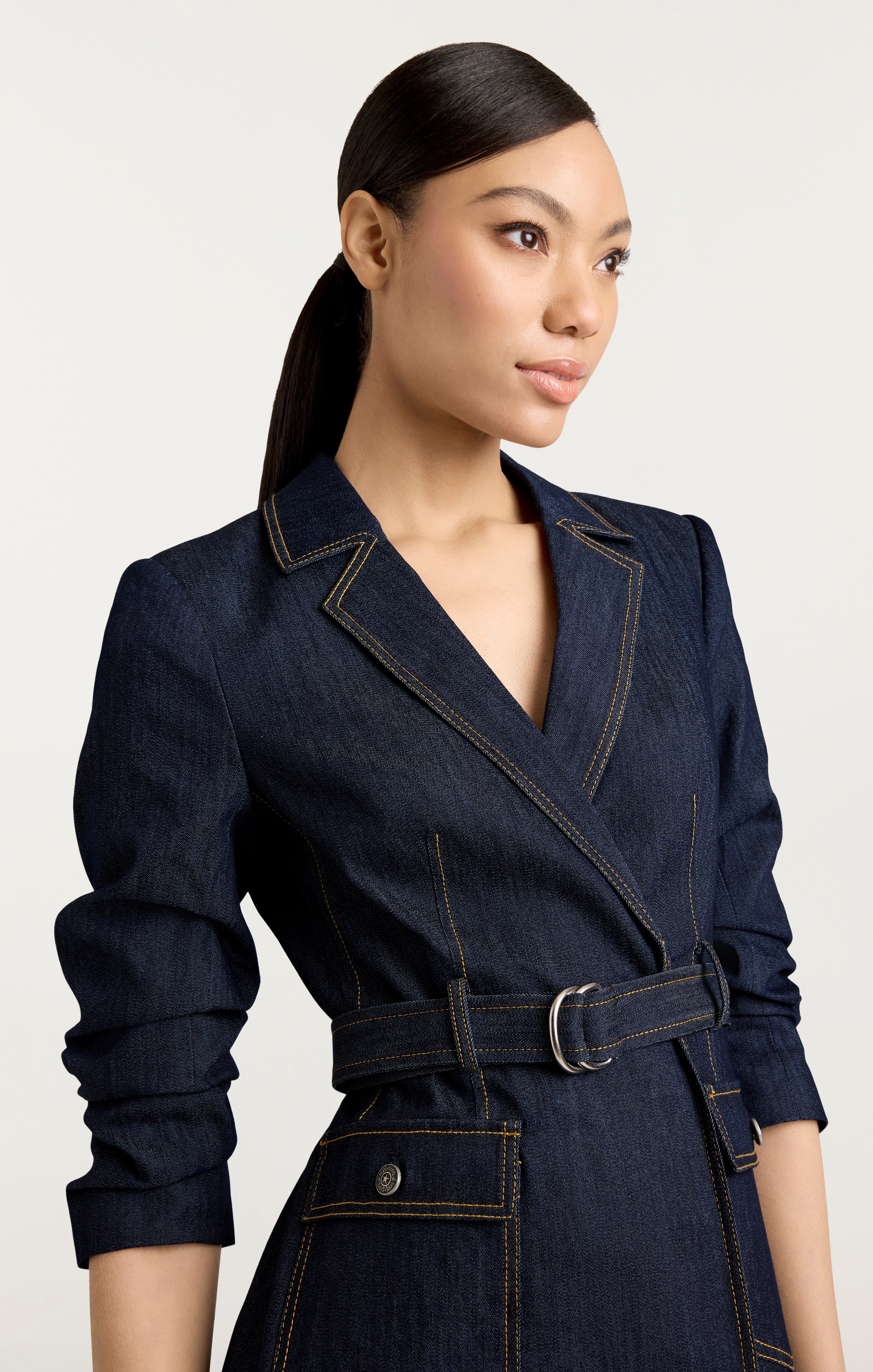 denim blazer dress SHORT SLEEVE ring belt Notched lapels INTO SOMETHING BETTER DENIM BLAZER