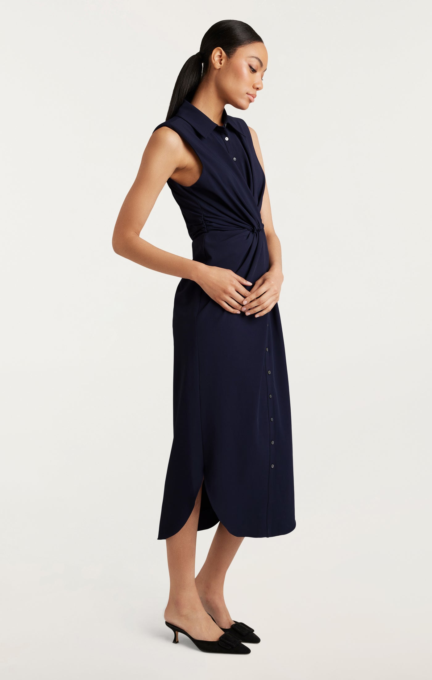 catalina crepe v neck sleeveless a line dress Dress The Population Catalina Dress - Blue