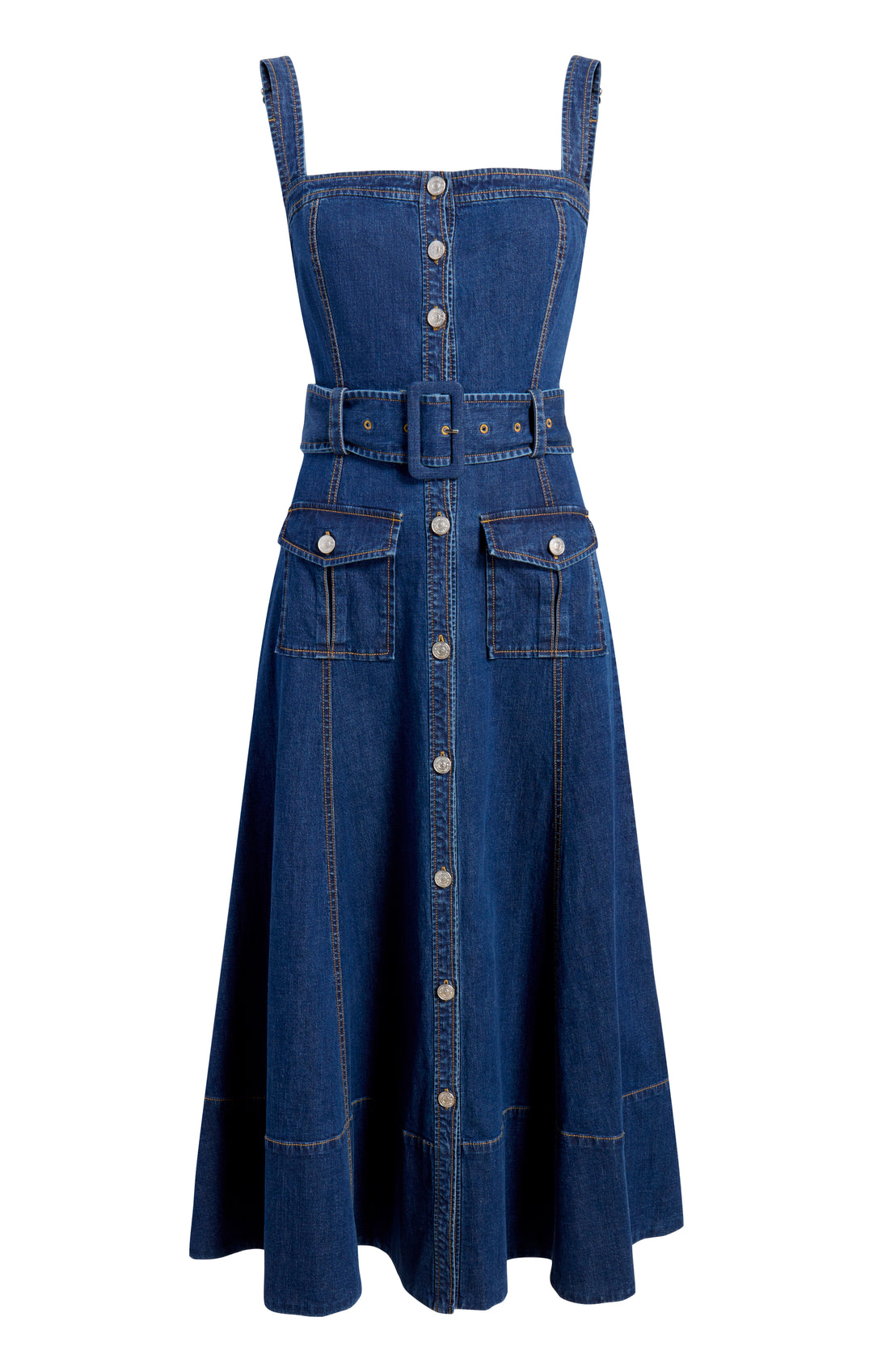 【BAON】Namiko Denim Shirring Layered Pocket Ribbon Midi OP Buy Denim Shirred Tiered Knee Length Dress Blue For Women