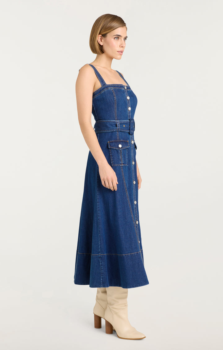 【BAON】Namiko Denim Shirring Layered Pocket Ribbon Midi OP JAG4843_ZD25777798Z-
