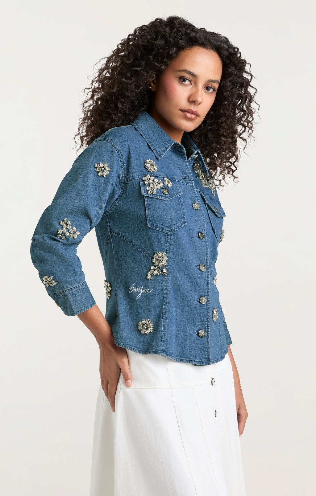 Crystal Ditsy Floral Scrunched Jean Jacket