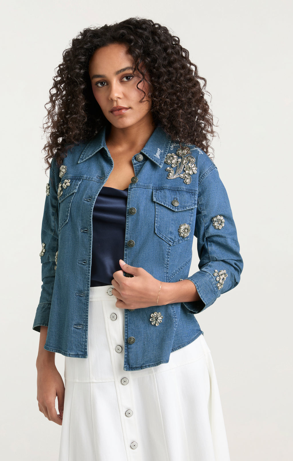 Crystal Ditsy Floral Scrunched Jean Jacket