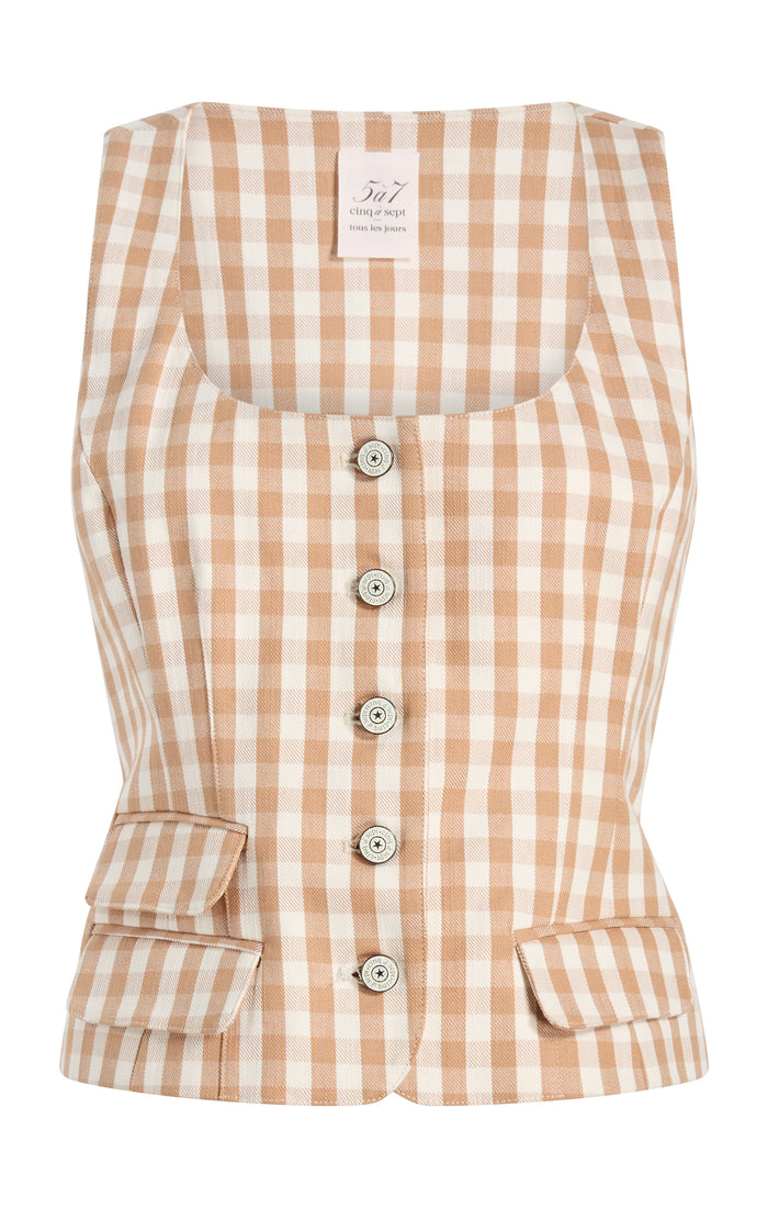 cinq à sept Gingham Denim Lovina Top Sahara/light Plaster