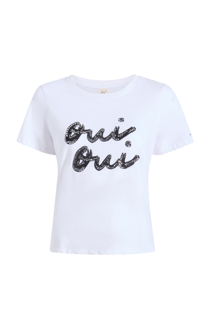 cinq à sept Rhinestone Oui Oui Shrunken Tee White/black