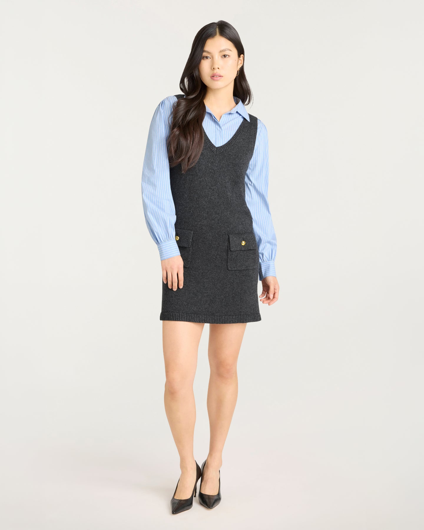 Cinq à Sept Vivianne Mixed Media Minidress - Charcoal/blue Stripe