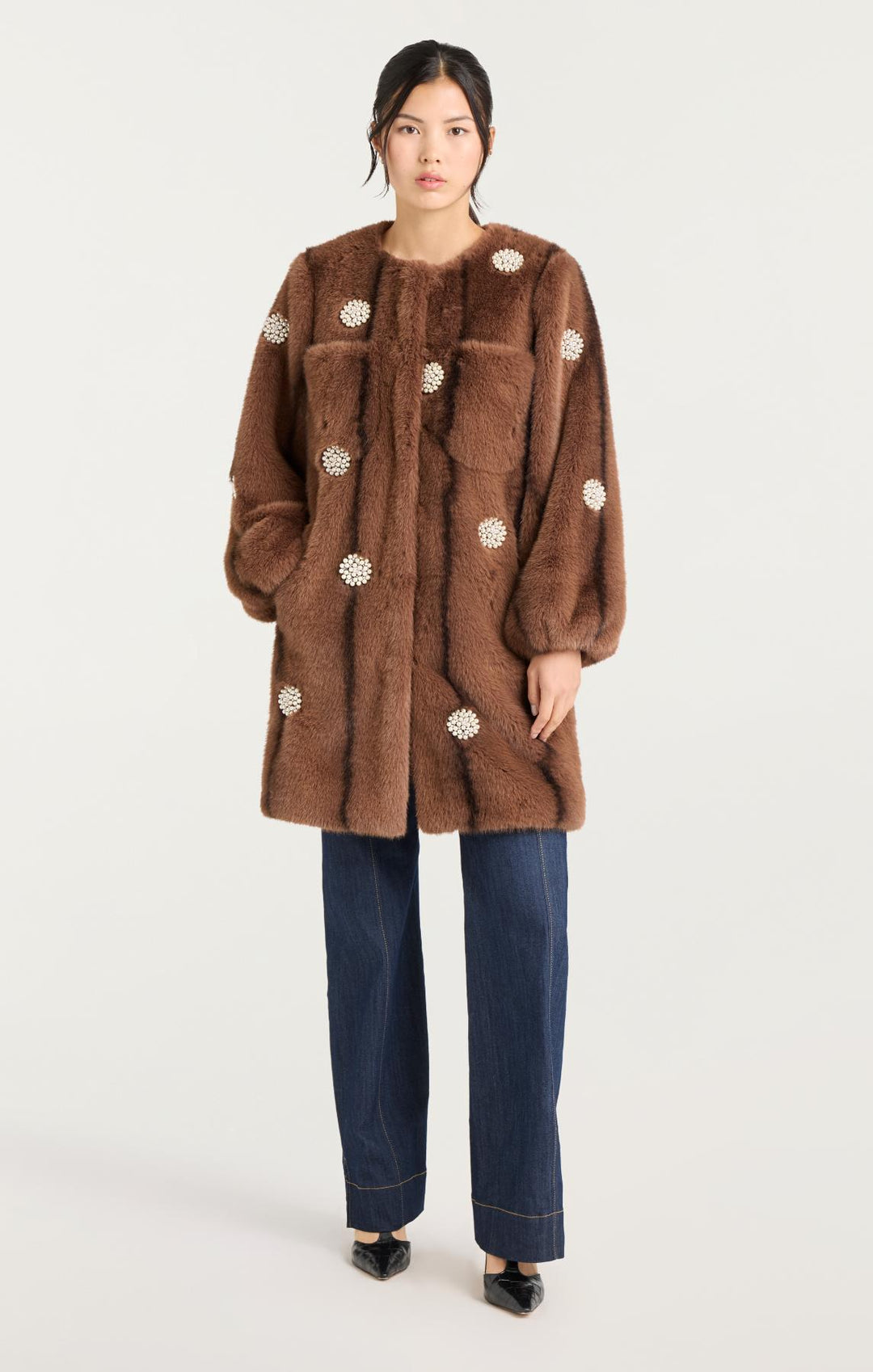 コート fub felted coat brown 6y Pearl Coral Bubbles Faux Mink Long Benson Coat – Cinq à Sept
