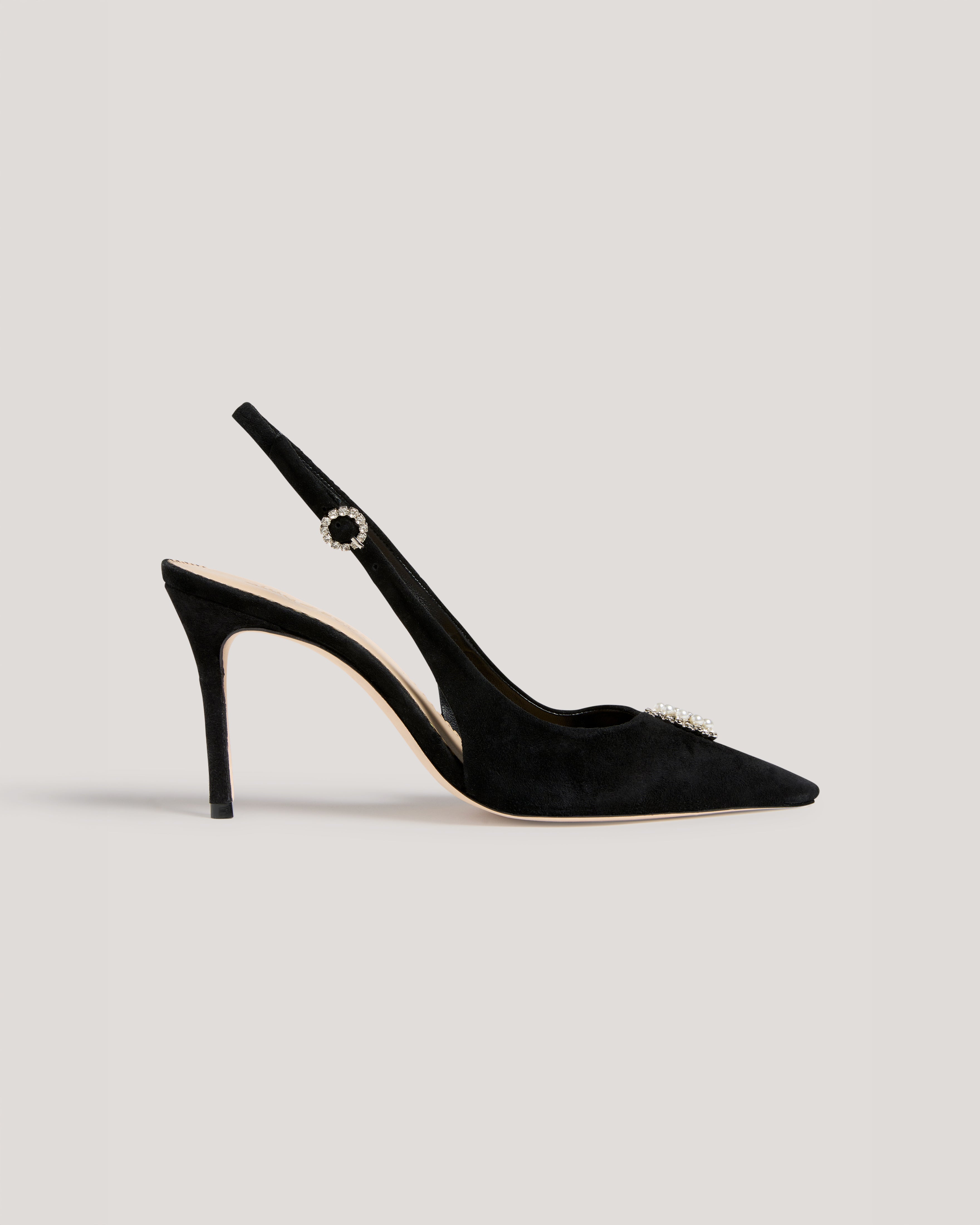 Claire Crystal Brooch Suede Slingback Pump