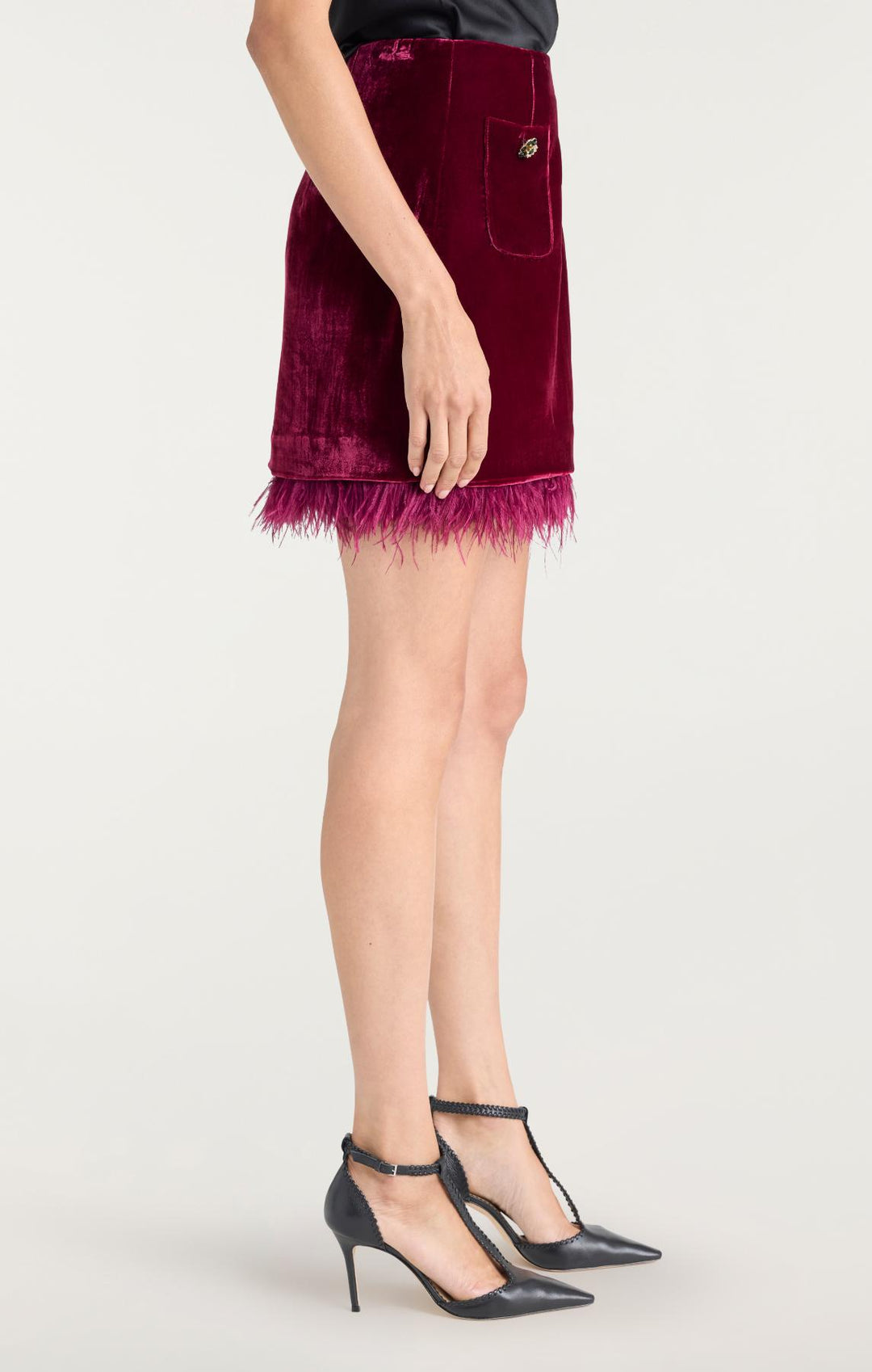 strapless open back dress Cinq à Sept Luna Feather Trim Mini Skirt