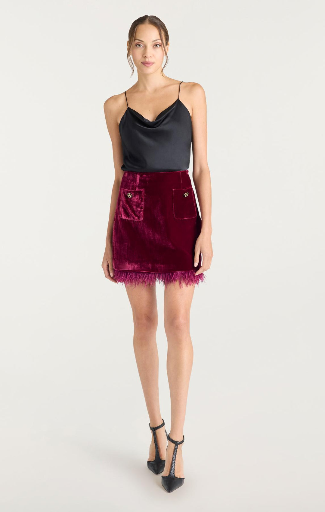 strapless open back dress Cinq à Sept Luna Feather Trim Mini Skirt