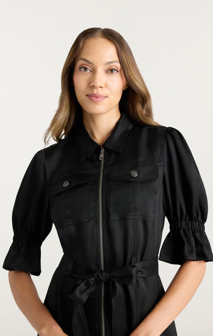 cinq a sept off the shoulder dress Holly Puff Sleeve Satin Dress In Black