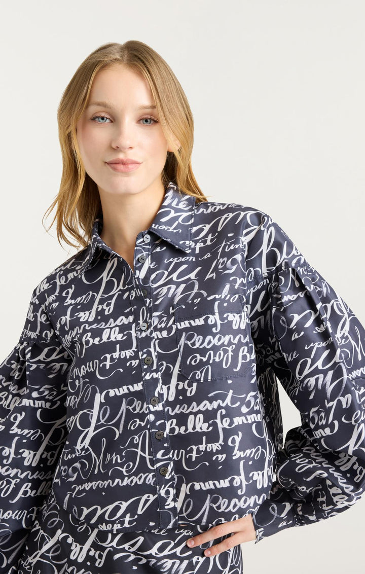 marceline poplin shirt mini dress Cinq à Sept Women's Marceline Love Journal Print Long Sleeve Button-Up Shirt - Blue