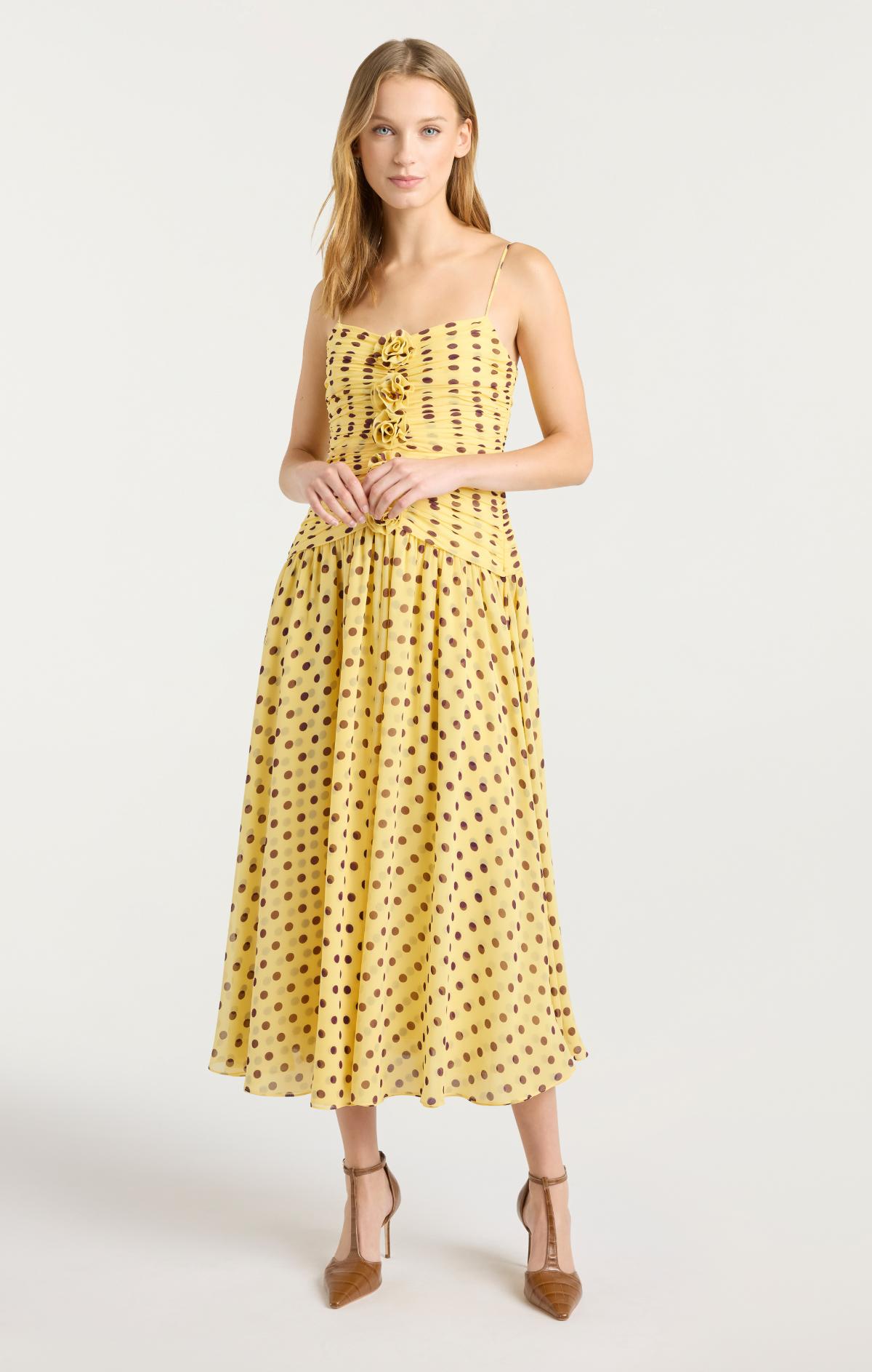 yellow dress polka dots Cinq à Sept Women's Camille Polka Dot Rosette-Detail Midi-Dress - Lemon Puff Deep Plum