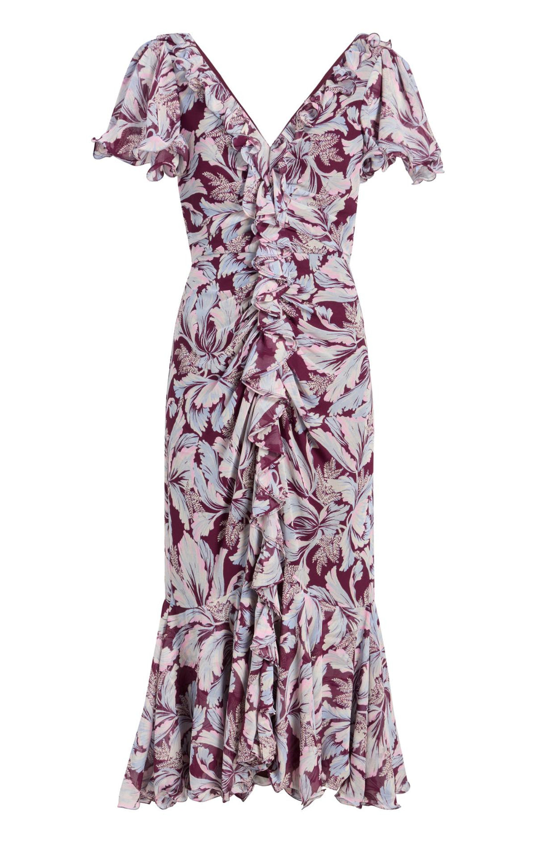 Cinq Sept Clio Floral Ruffled Midi Dress in Deep Plum Multi at Nordstrom, Size 10 Cinq Sept Clio Floral Ruffled Midi Dress in Deep Plum Multi at Nordstrom, Size 10