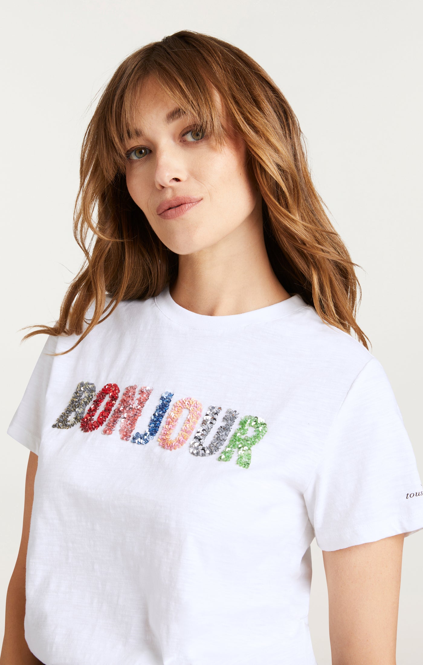 Pailette Applique Bonjour Tee