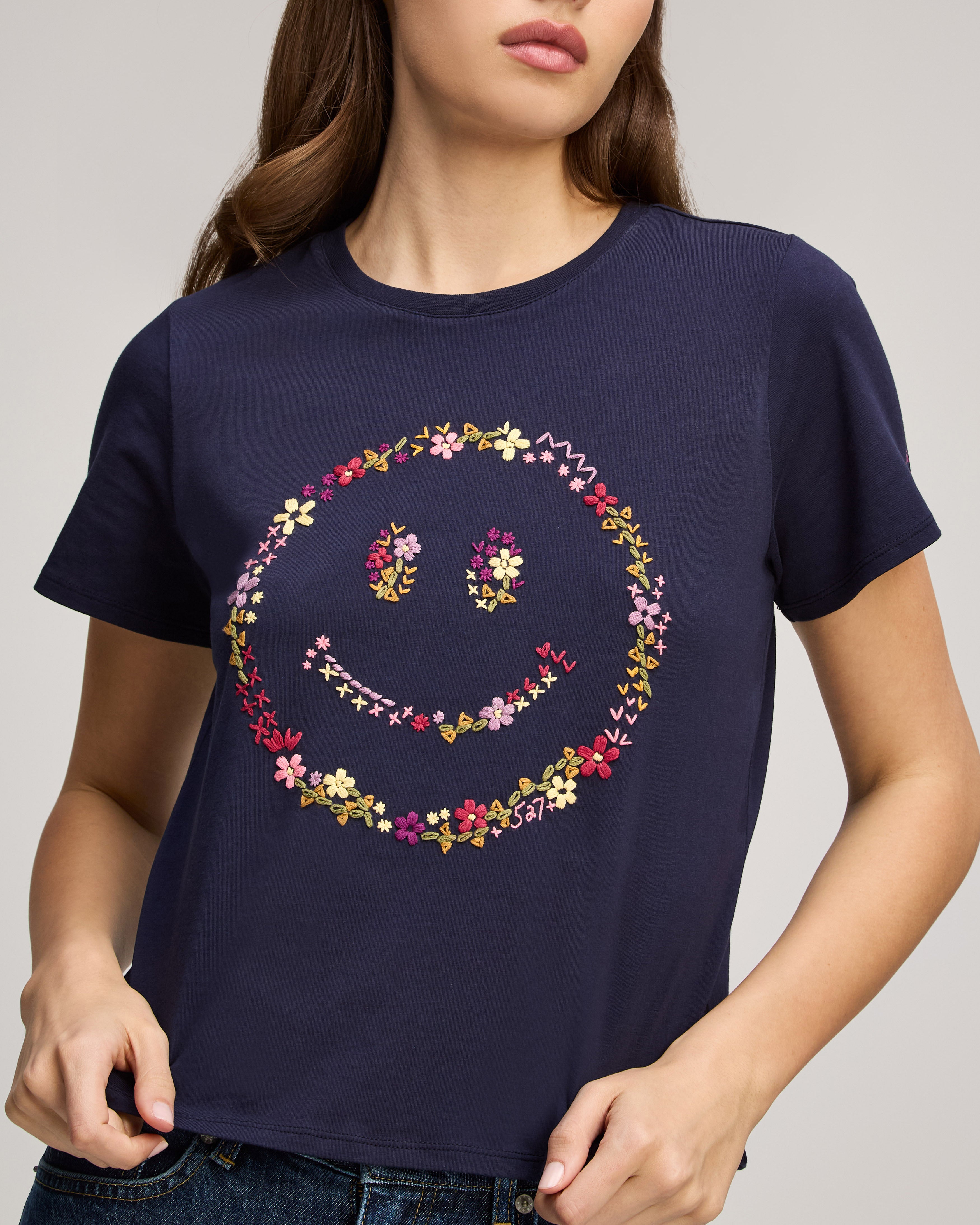 Wildflower Embroidery Smiley Shrunken Tee