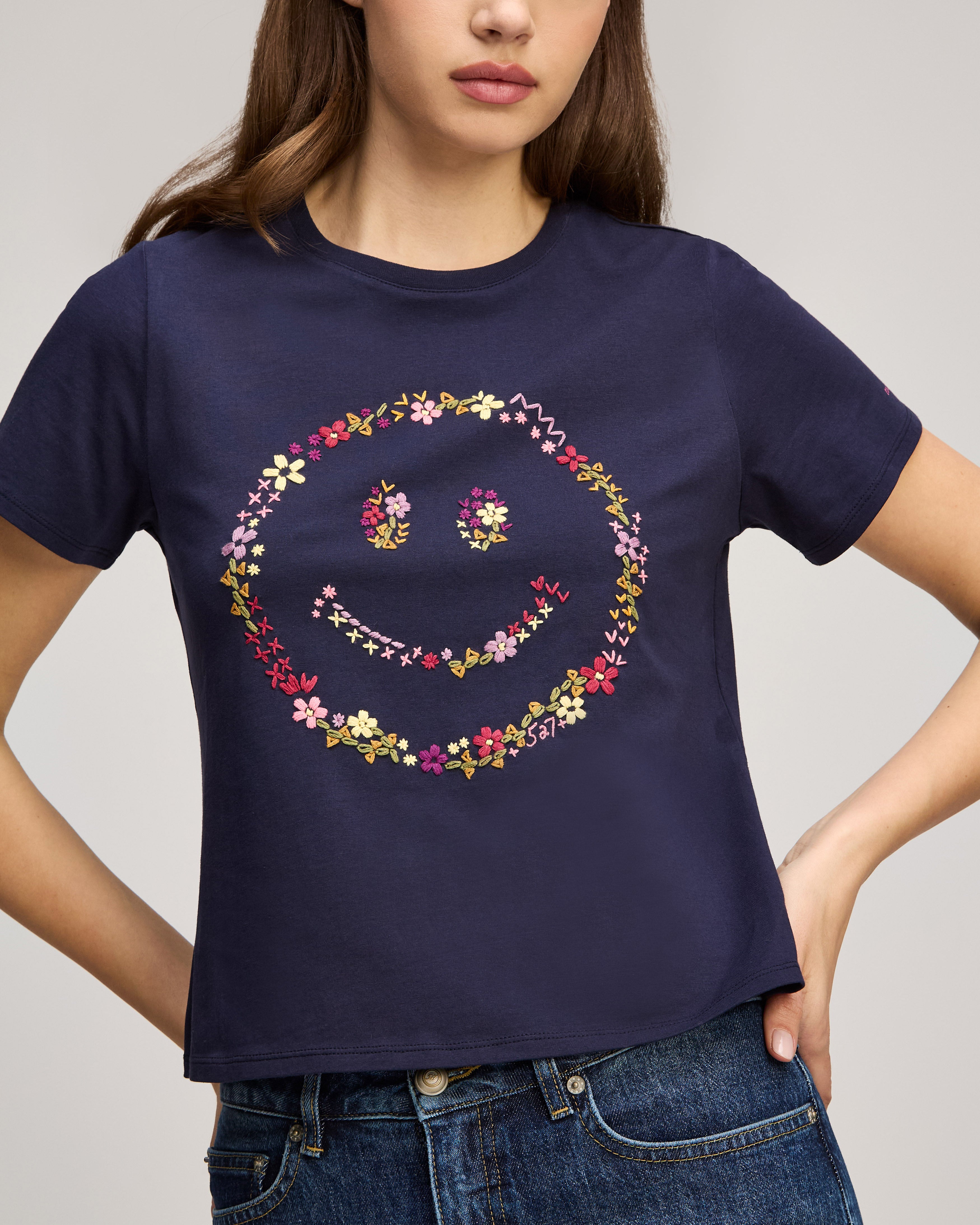 Wildflower Embroidery Smiley Shrunken Tee