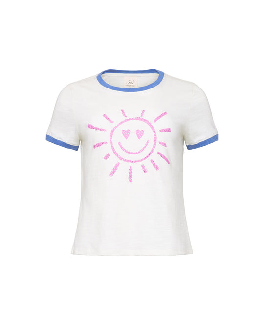 Rhinestone Smiling Sun Shrunken Ringer Tee