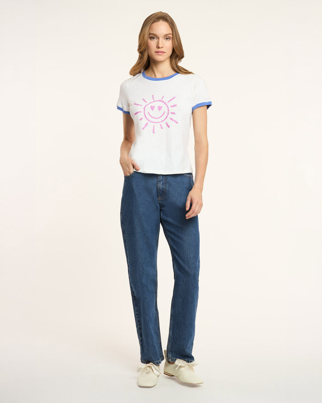 Rhinestone Smiling Sun Shrunken Ringer Tee