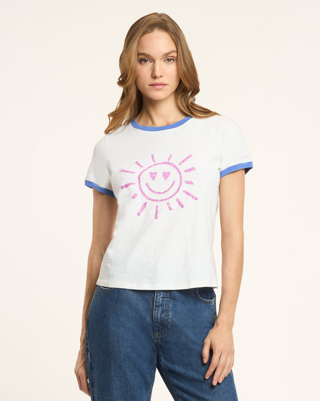 Rhinestone Smiling Sun Shrunken Ringer Tee