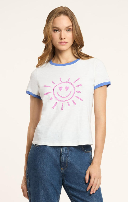 Rhinestone Smiling Sun Shrunken Ringer Tee