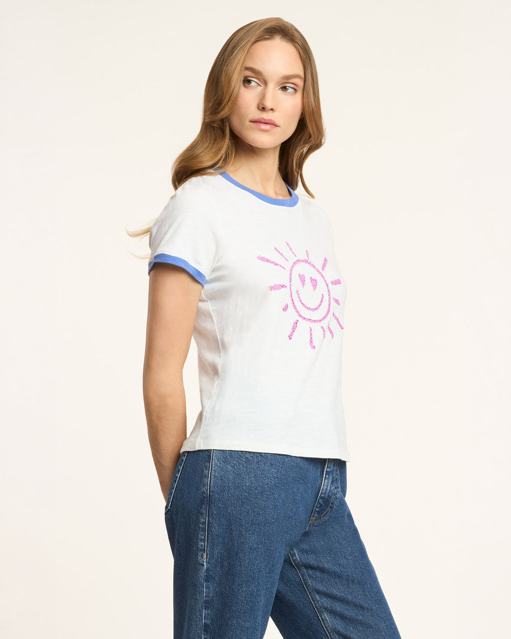 Rhinestone Smiling Sun Shrunken Ringer Tee