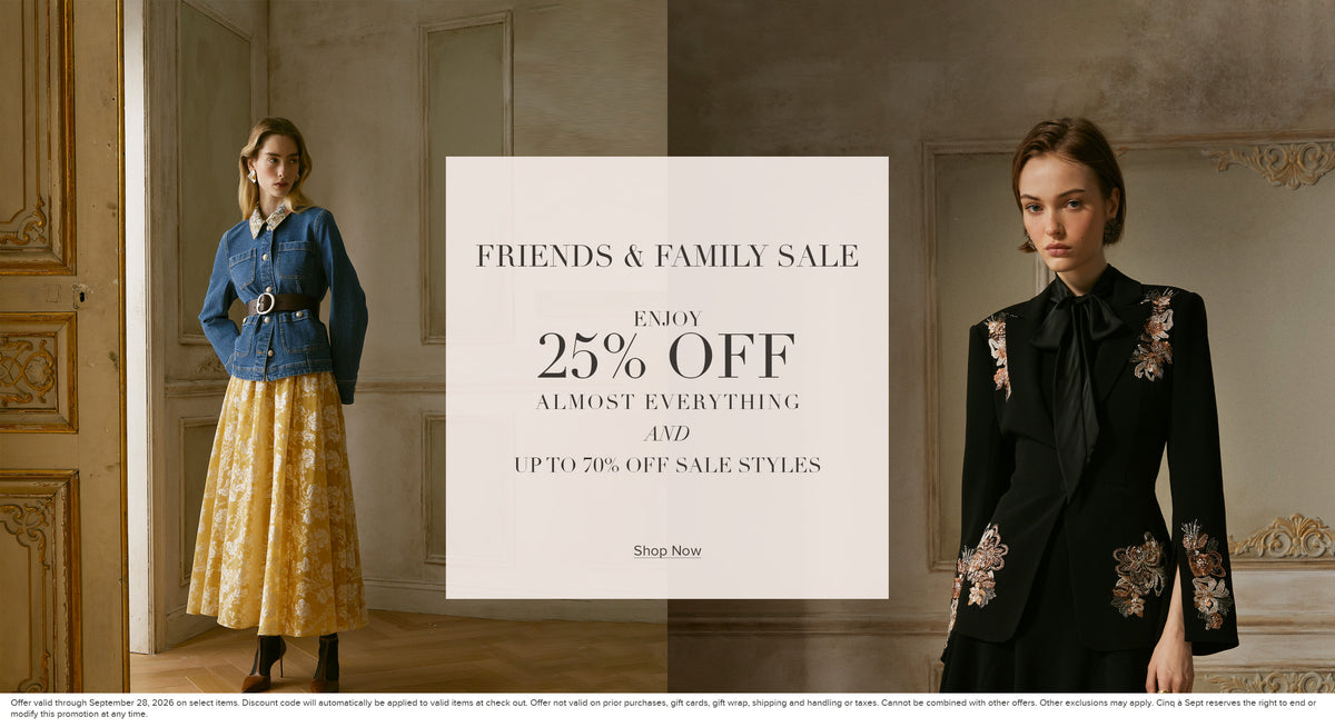 A promotional banner for a 'Friends & Family Sale' featuring two models in an elegant room. On the left, a model wears a blue denim jacket and a yellow floral maxi skirt.