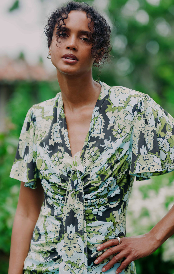 cinq a sept green floral dress Cinq A Sept floral-appliqu Tiered Dress | Green